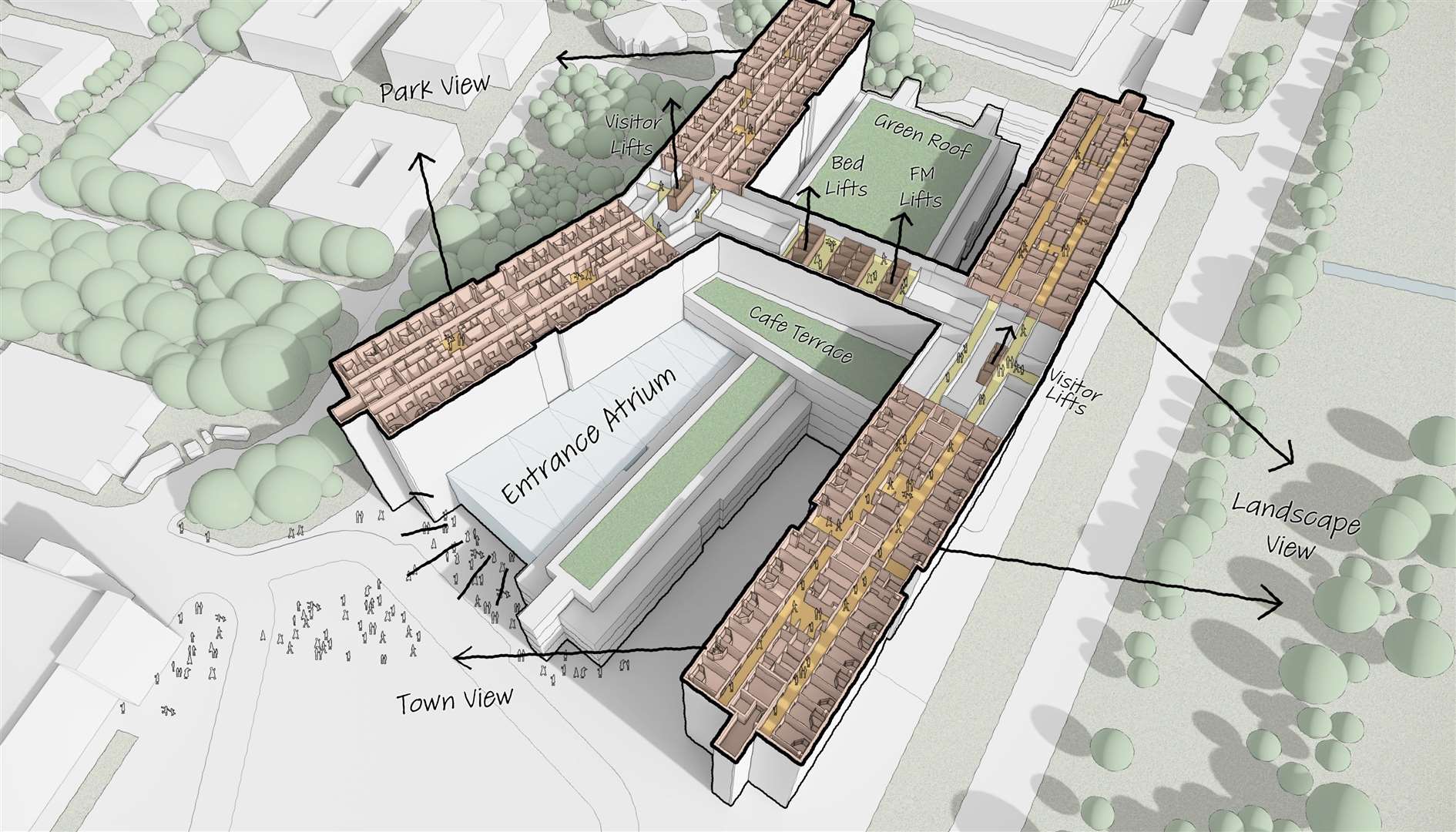 An illustration of the new hospital which will have a central communication spine giving access to all parts of the building. Picture: QEH
