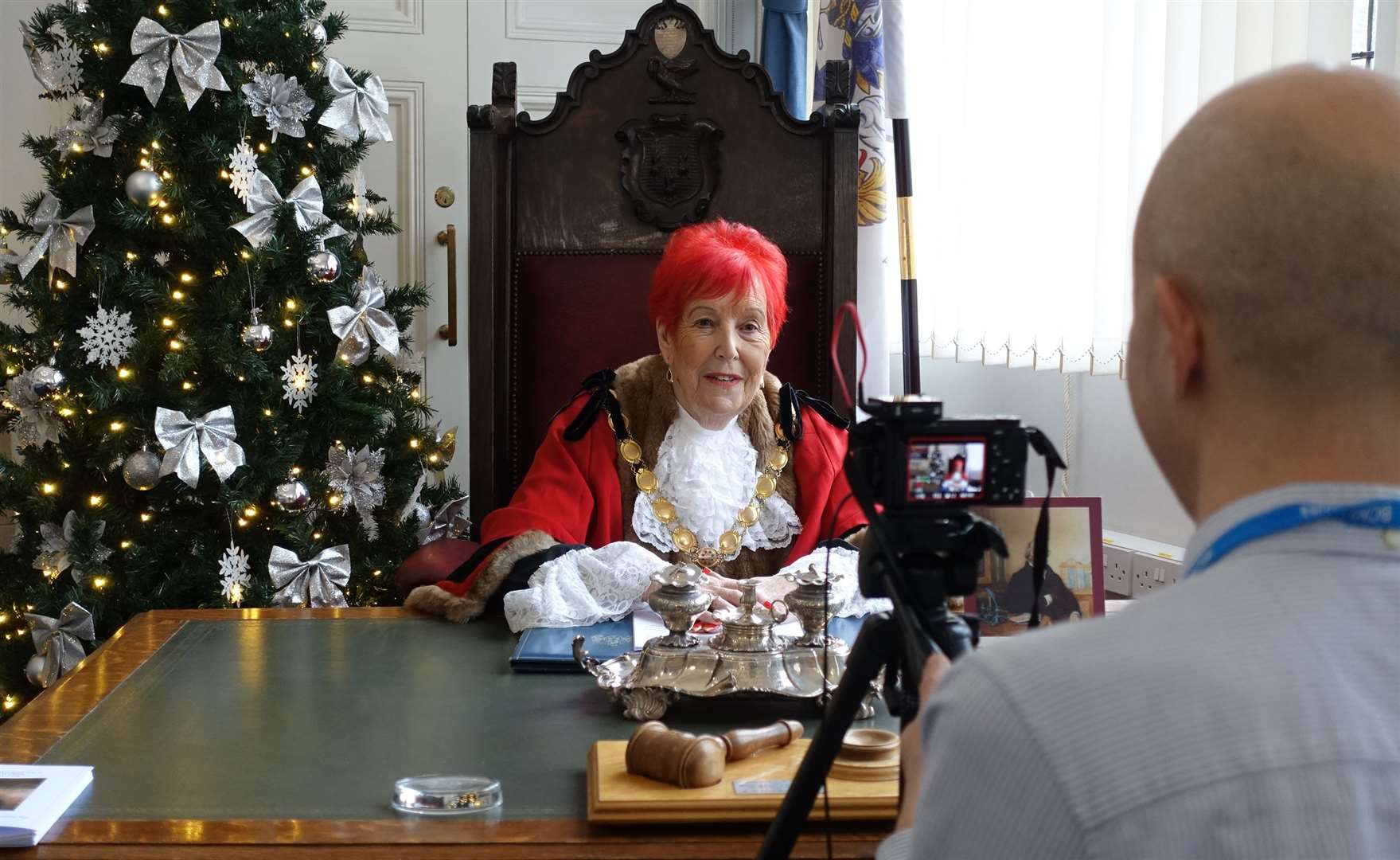 Cllr Margaret Wilkinson recording her Christmas message for the borough