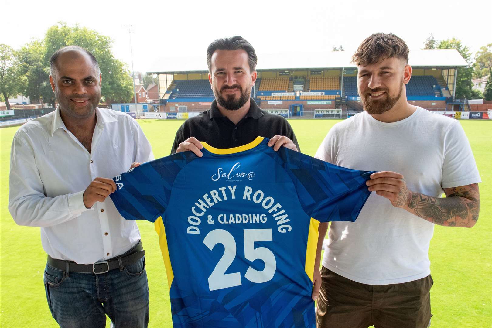 Pictured above are Bal Srai, CEO of the Linnets, Lyndon Docherty, managing director of Docherty Roofing & Cladding, and Ryan Skipper, sales director of Docherty Roofing & Cladding