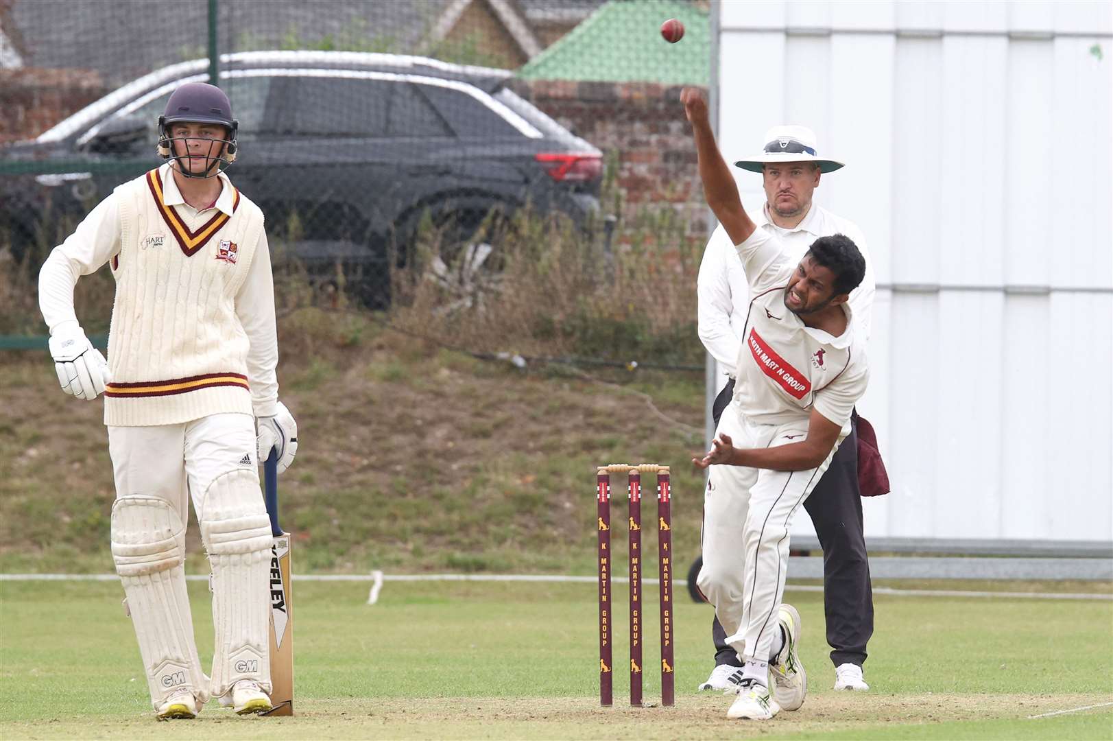 Cricket - Sudbury v Downham Stow - Manlka D Silva bowls for Sudbury. Pic - Richard Marsham