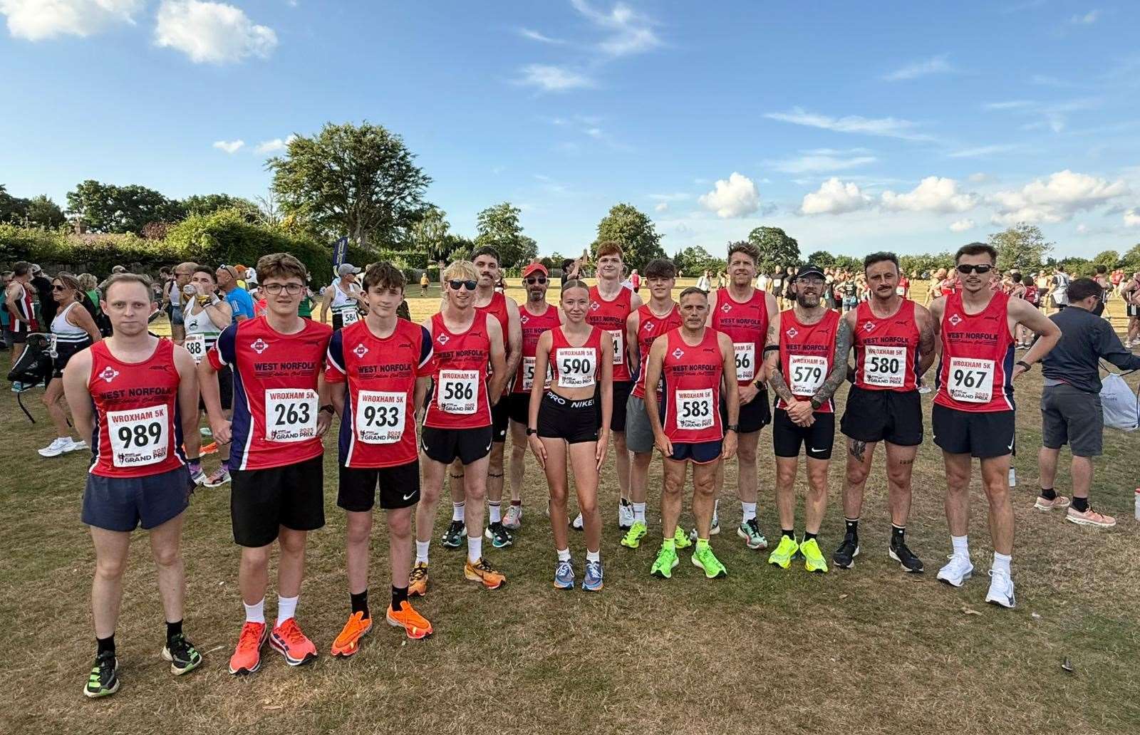 West Norfolk athletes. Pictured from left to right are: Oliver Foxwell, Flynn Angell, Aidan Howard, Lewis English, Arran Reeve, Neil Stapleton, Evie Clayton, Hanley Angell, Henry Gosnell, Darren Easter, Rob Gosnell, Lee Richardson, Cal Stanforth and Karl Brown