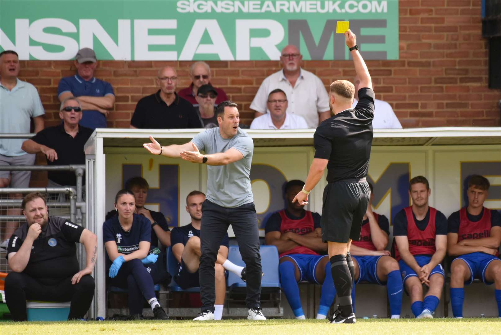 James Rowe is booked. Picture: Tim Smith