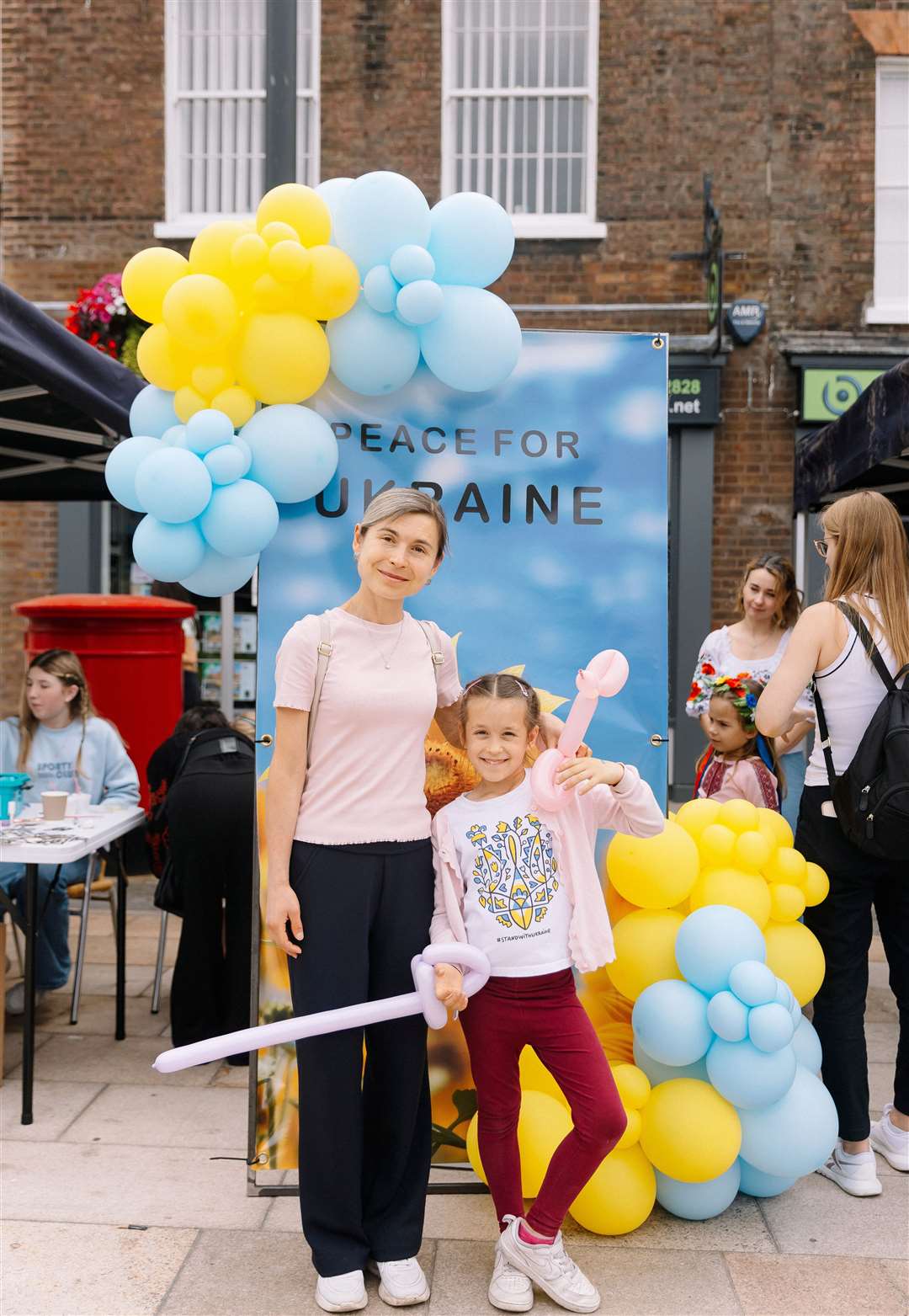 Blue and yellow balloons and messages of peace. Picture: Liubov Khavelo