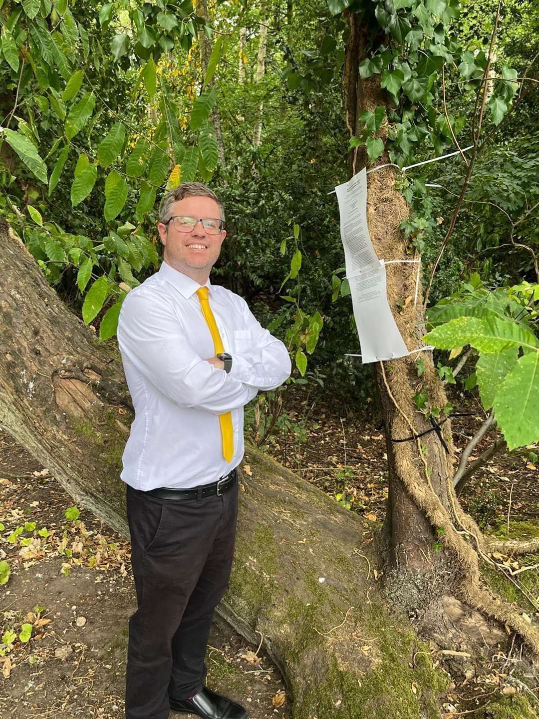 Cllr Rob Colwell celebrates winning the Spring Wood footpath row