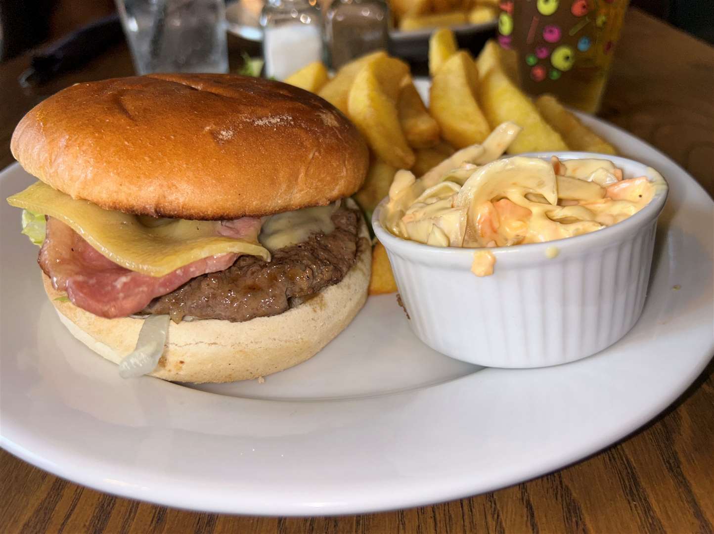 My Lattice House beef burger, served with chunky chips and coleslaw