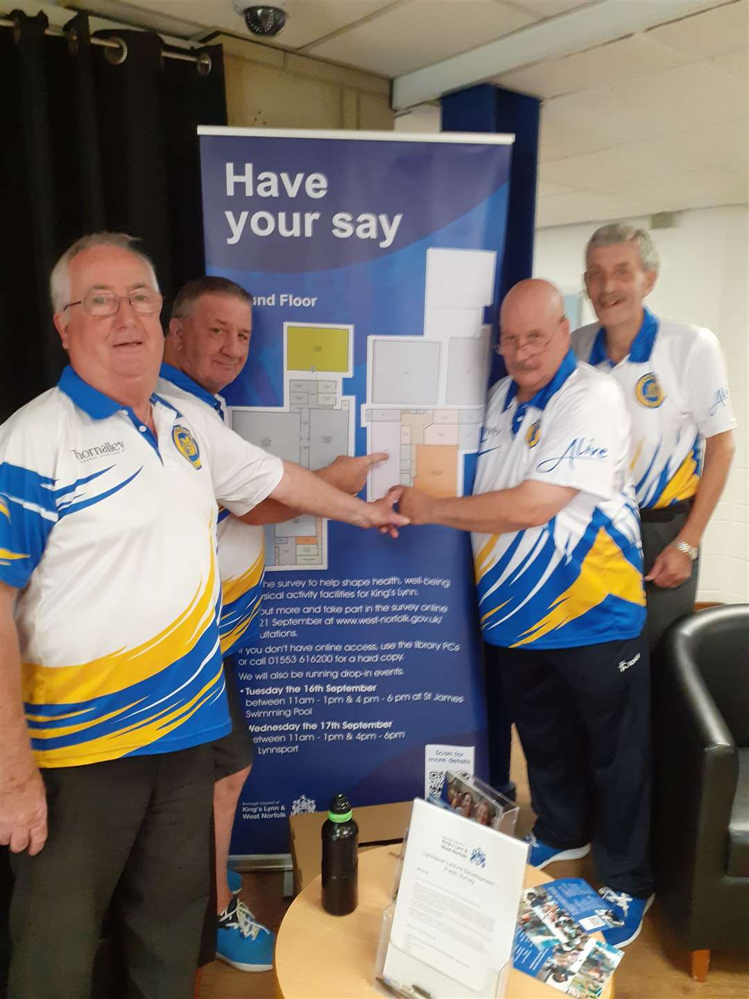 Lynnsport Indoor Bowls Club members discuss the reduced bowls hall proposals. Pictured are Keith Brand, Ian Whiley, David Bailey and Mike King