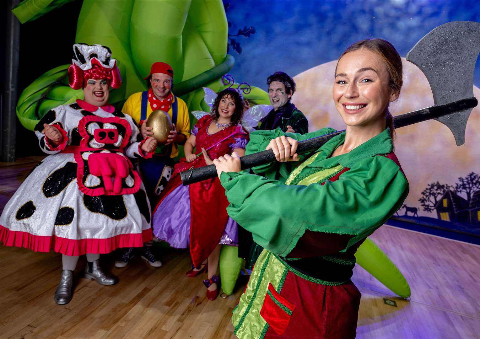Jack (Jennifer Louise Jones) with cast members at Monday's Corn Exchange panto launch. Picture: Matthew Usher