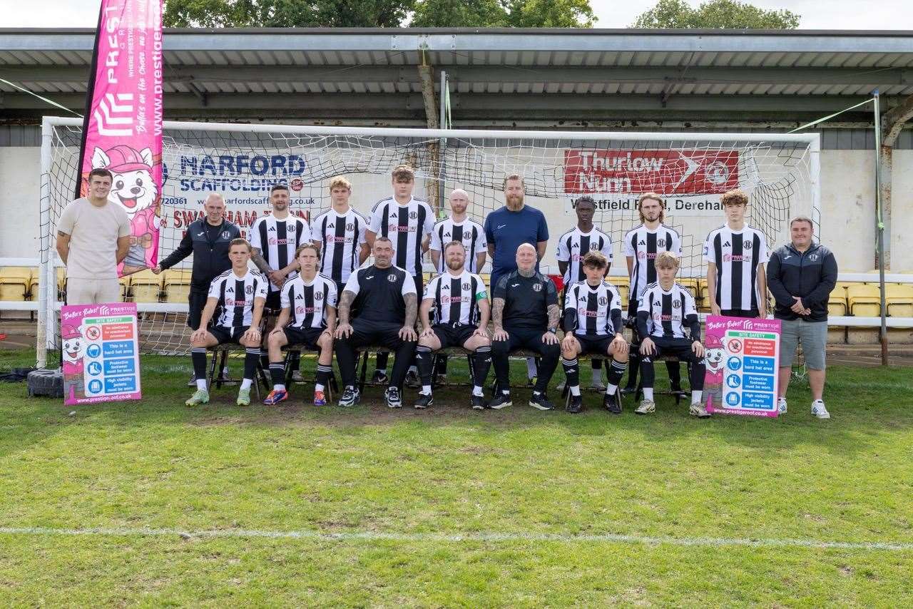 Luke Gallon of Prestige Roofing is Swaffham’s first team kit sponsor for this season. Pictured left is fixture secretary and kit manager Gerry Palmer. On the right is chairman, Aaron Jasper. Picture: Eddie Deane