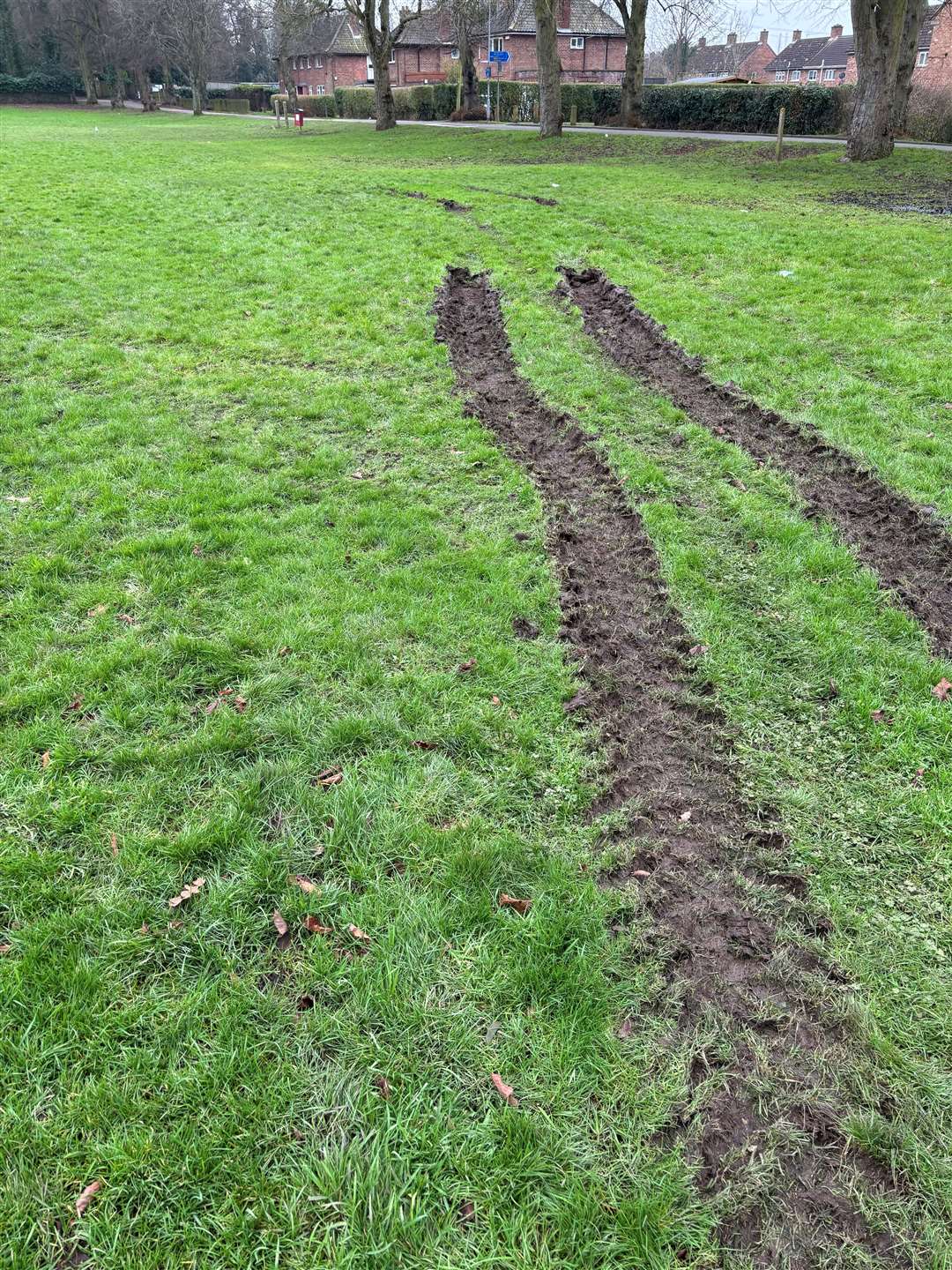 Tyre tracks in the park - believed to be caused by travellers